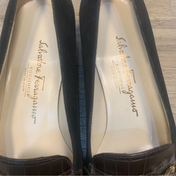 Ferragamo Boutique Italy Suede Croc Horse Bit Buckle Square Toe Loafers - Picture 9 of 13